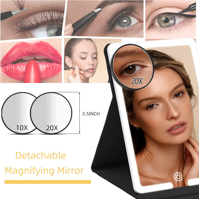 Wrought Studio Lighted Travel Makeup Mirror with Round 10x 20X Magnifying Mirror PU Leather Vanity Mirror with Lights with 2000mAh Battery LED Tabletop Cosmetic